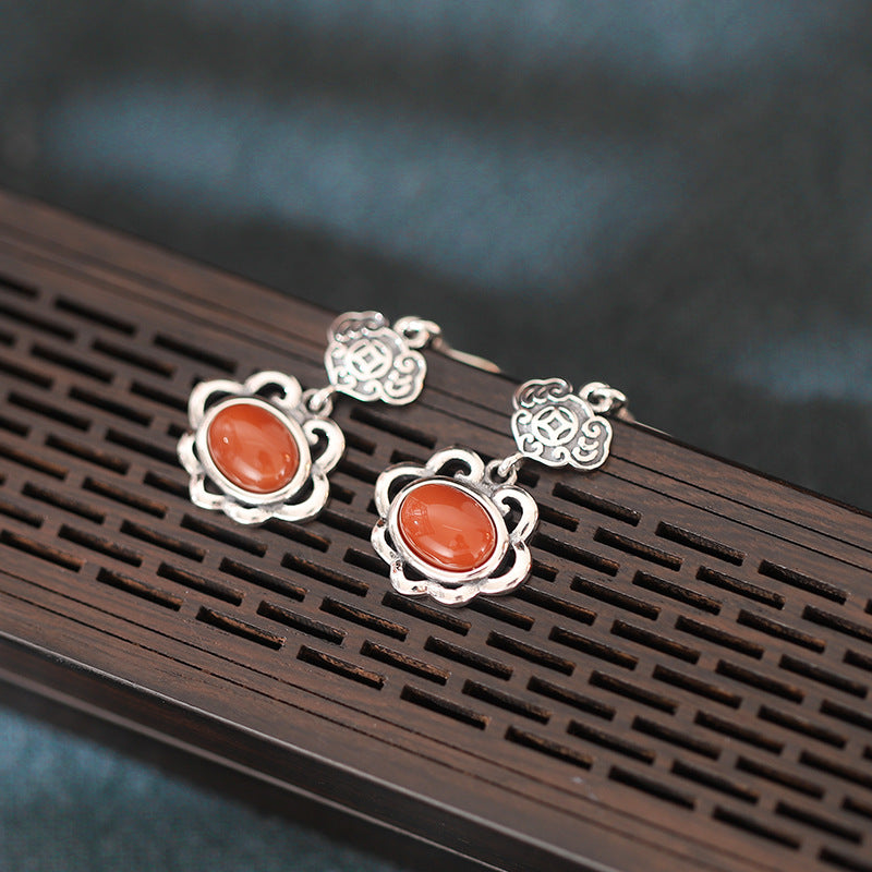 Auspicious Cloud Nephrite Jade or Red Agate S925 Silver Earrings-Wishes for Good Days