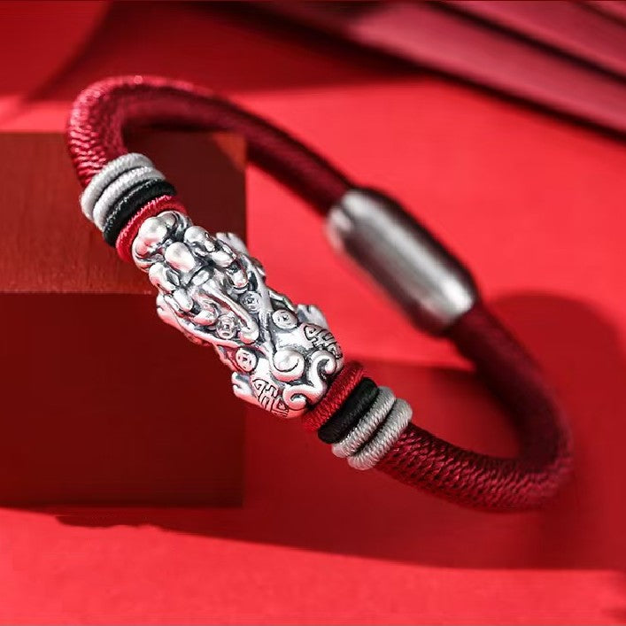 999 Silver Pixiu Handmade Rope Magnetic Clasp Bracelet-Attract Wealth