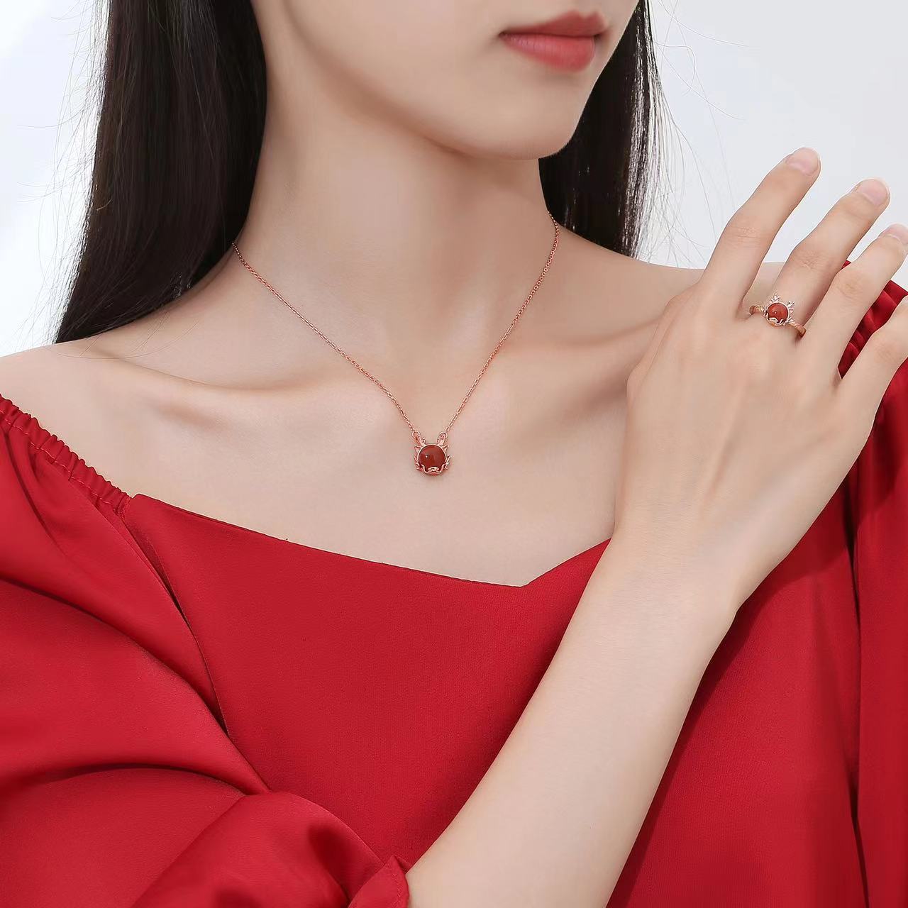 Yeaf of Dragon Red Agate Jewelry Set-Attract Good Luck