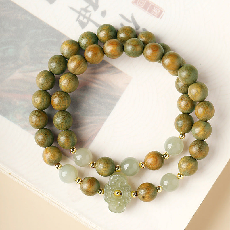 Nephrite Jade Ruyi Green Sandalwood Double-Wrap Bracelet-Quiet Alignment
