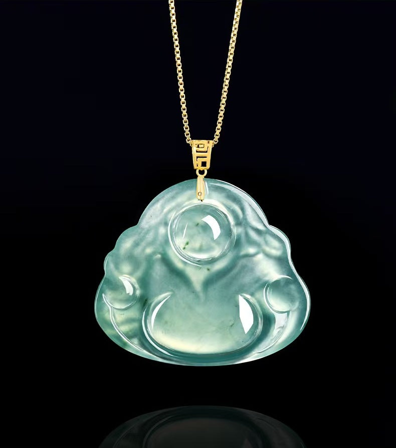 Blue Jadeite God of Wealth Pendant – Natural Ice-Type Jade Necklace with 18K Gold Setting