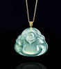 Blue Jadeite God of Wealth Pendant – Natural Ice-Type Jade Necklace with 18K Gold Setting