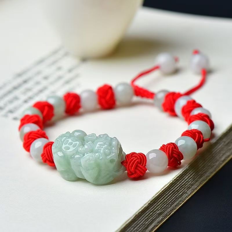 Grand A Natural White Jade Pixiu Red Rope Wealth Bracelet