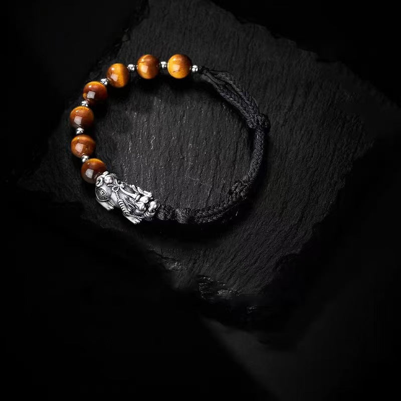 Silver Pixiu Yellow Tiger Eye Stone Bracelet -Attract Wealth