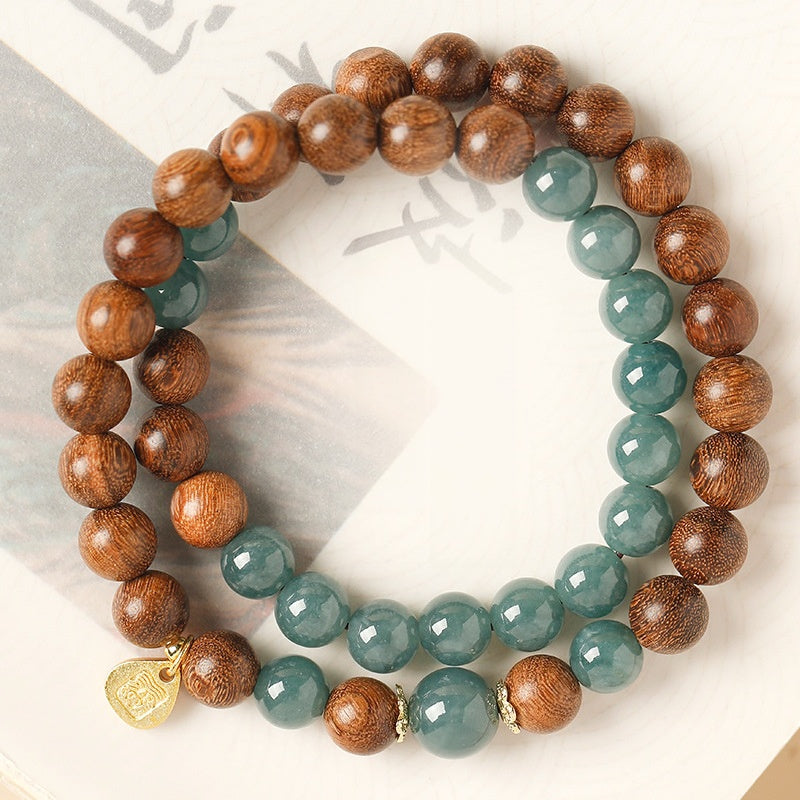 Sandalwood Blue Jadeite Double-Wrap Bracelet-Grounded Clarity