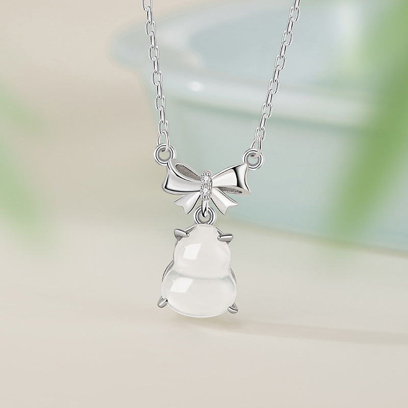Gourd Jade Stone Silver Necklace-Blessings Tied Close