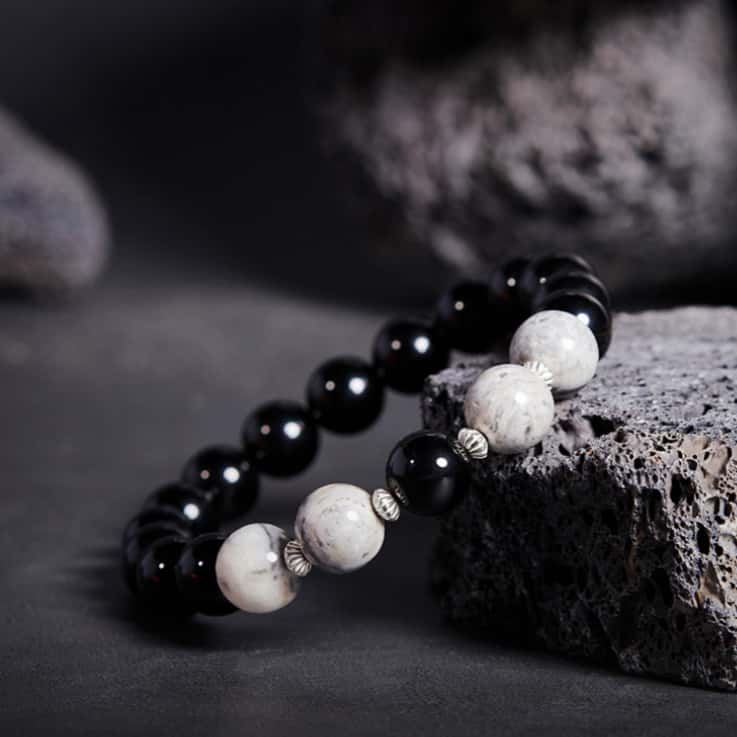 Obsidian and Map Jasper 925 Sterling Silver Beaded Bracelet-Quiet Contrast