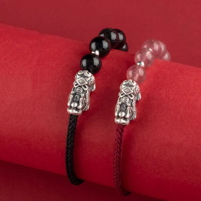 Silver Pixiu Obsidian Beads String Bracelet-Attract Luck