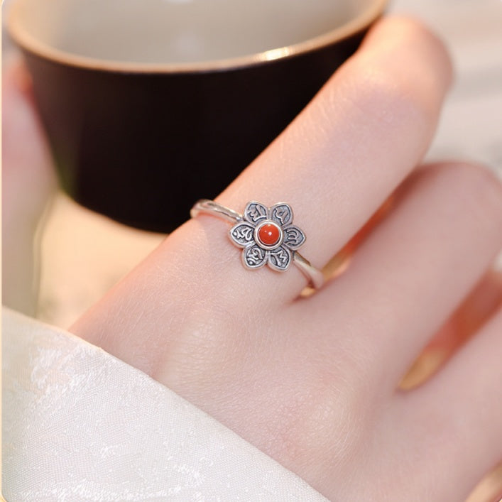 Six Syllable Mantra Red Agate S925 Silver Ring-Quiet in Bloom