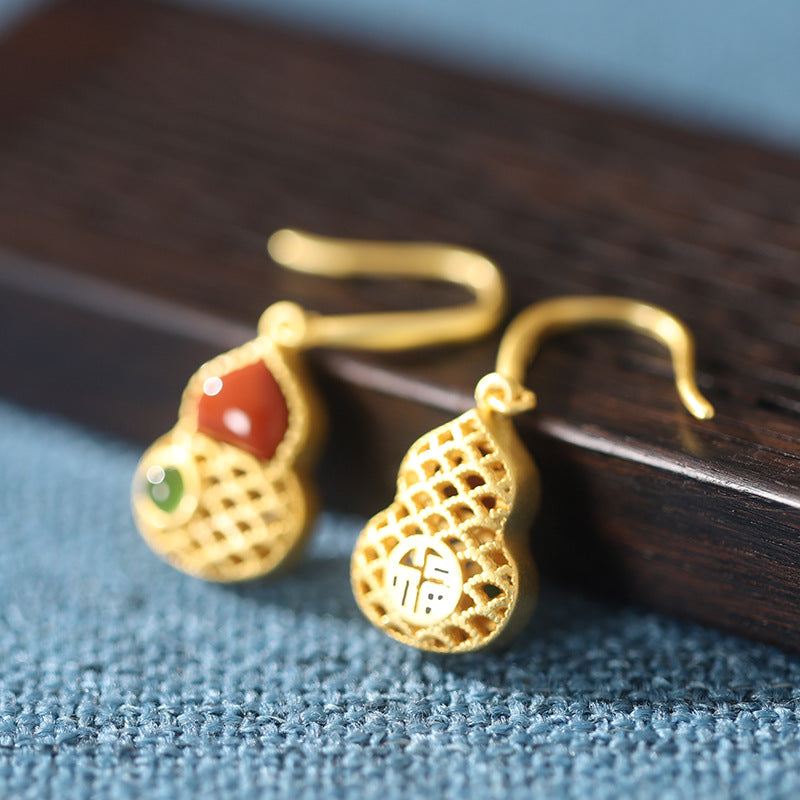 Gourd Red Agate  Drop Earrings-Wishes for Good Fortune