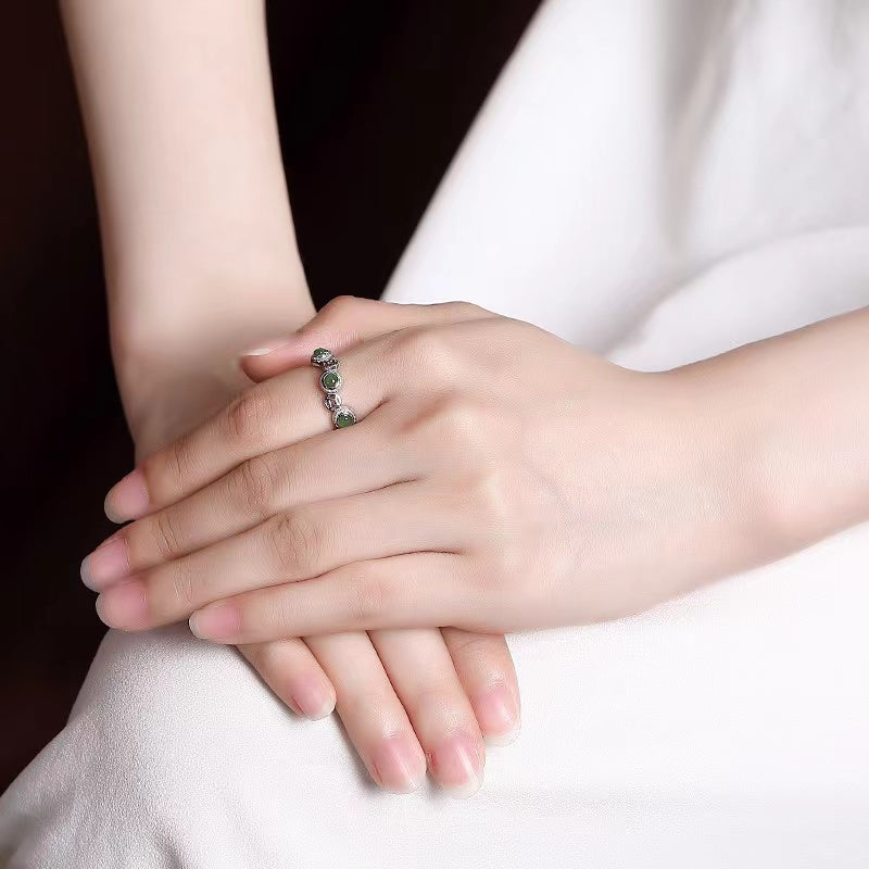 Money Coin Green Jade Silver Ring-Luck Prosperity