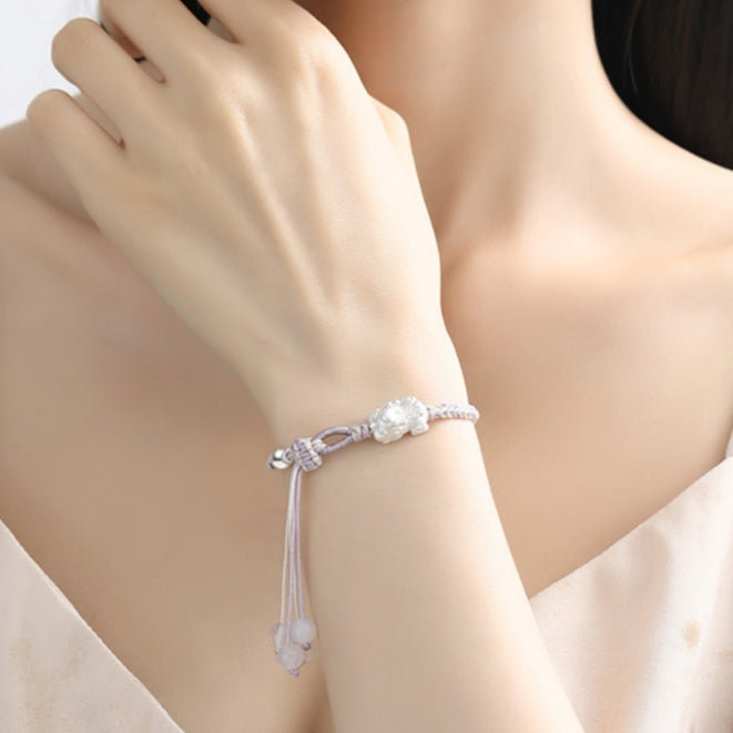 Peace and Joy-Pixiu Fine Silver and White Chalcedony Braided Bracelet