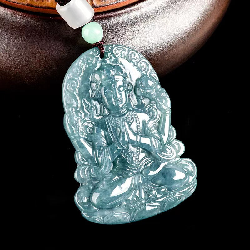 Guanyin Buddha Protection Pendant-Natural Blue Ice Jade