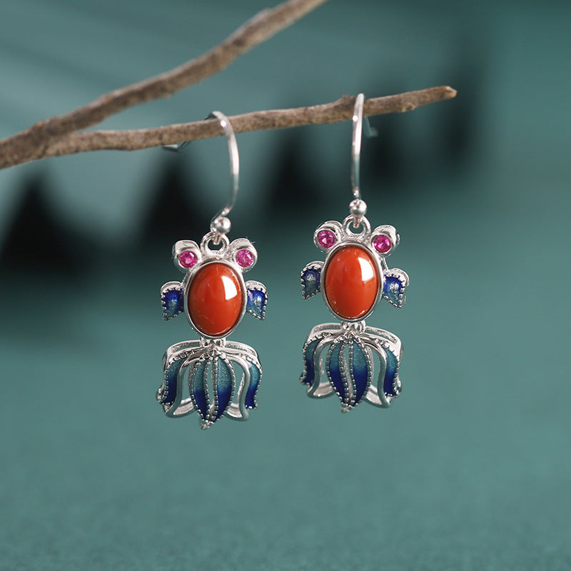 Koi Fish Nephrite Jade or Red Agate Drop Earrings-Wishes for Plenty