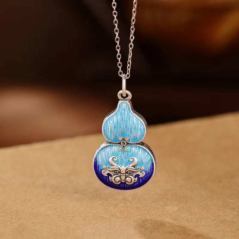 Feng Shui Calabash Cloisonne Silver Necklace-Protection, Longevity & Prosperity