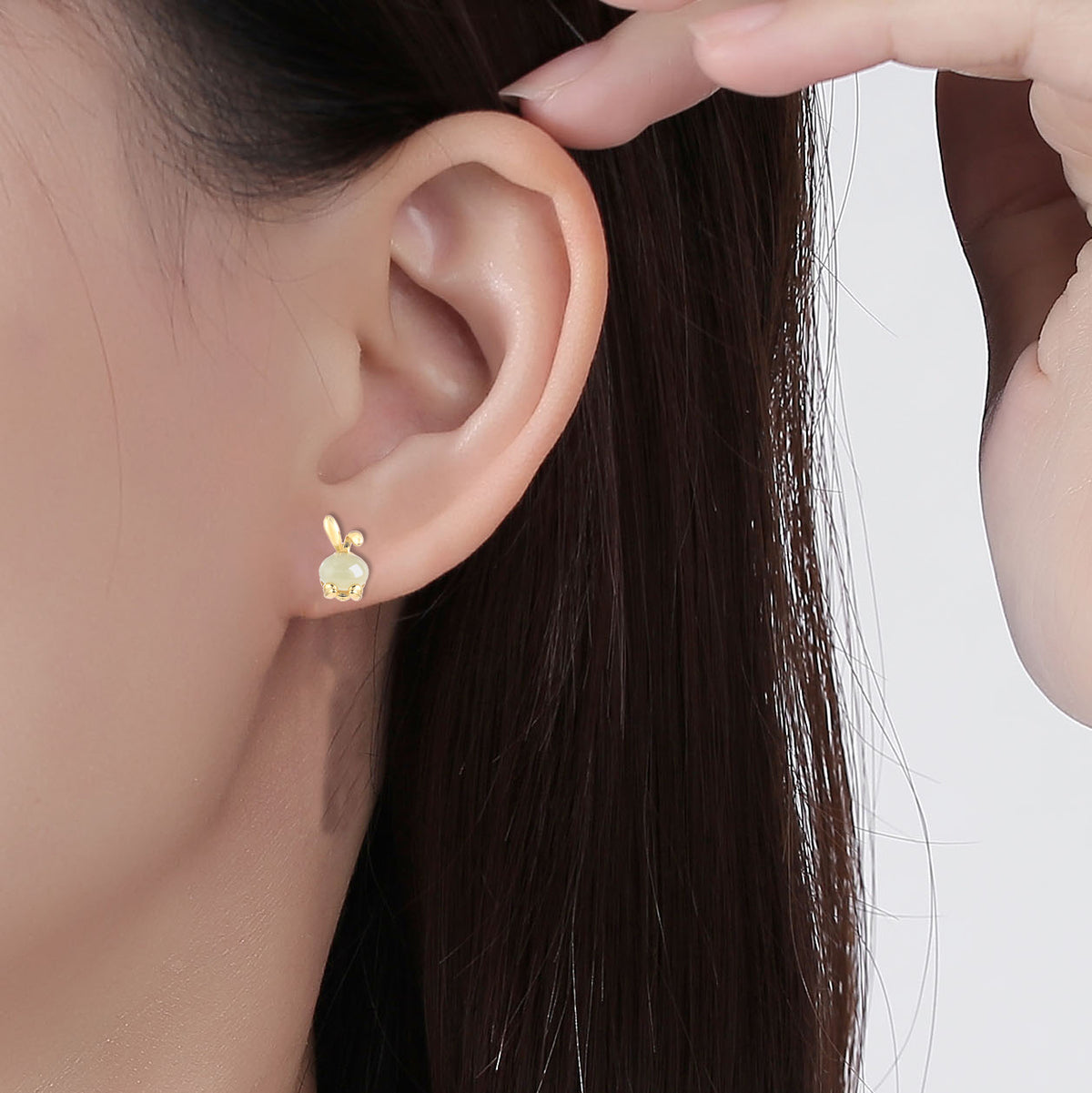 Bunny Nephrite Jade & Red Agate Stud Earrings-A Playful Little Wish