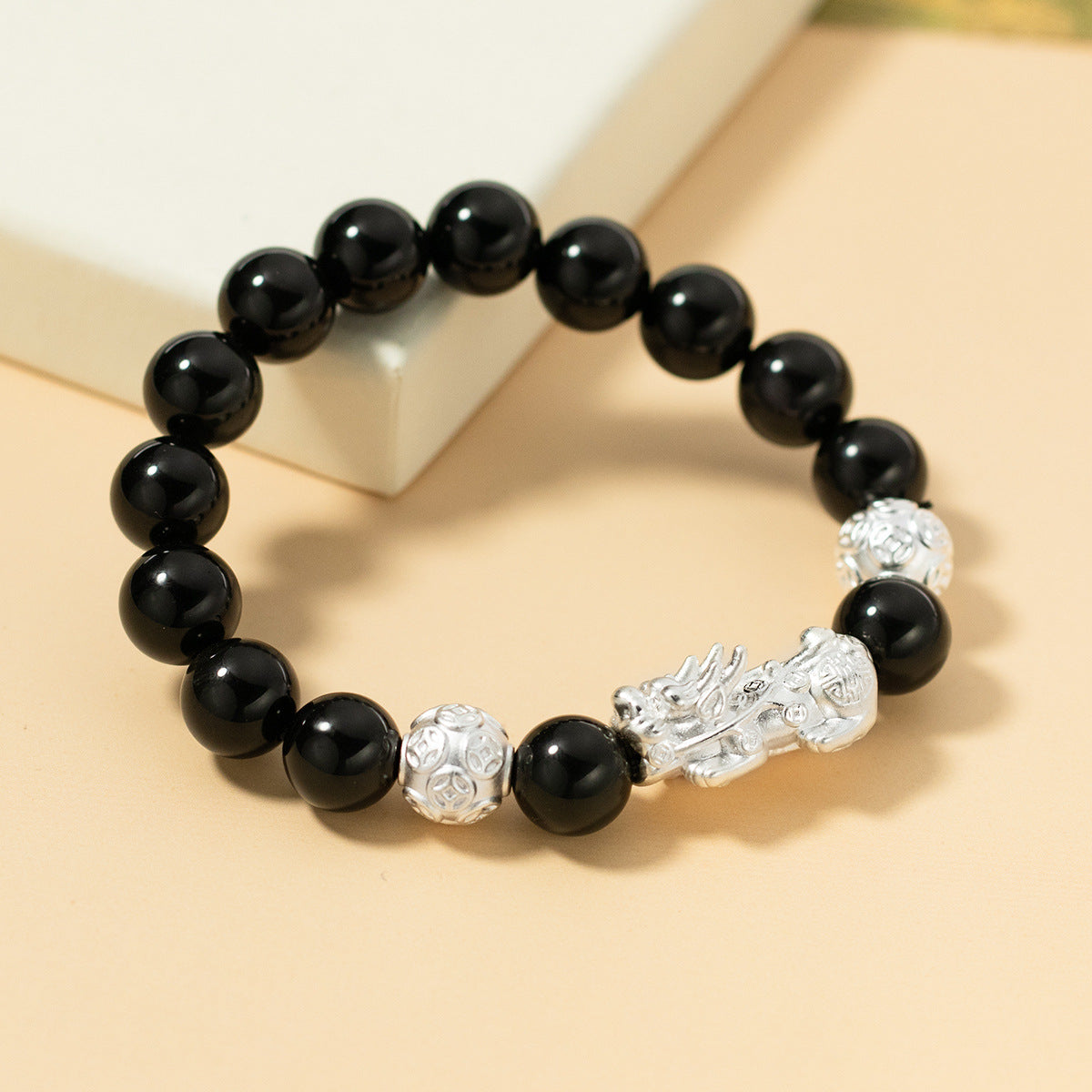 Prosperity & Protection-Pixiu Coin Obsidian Fine Silver Bracelet  Product