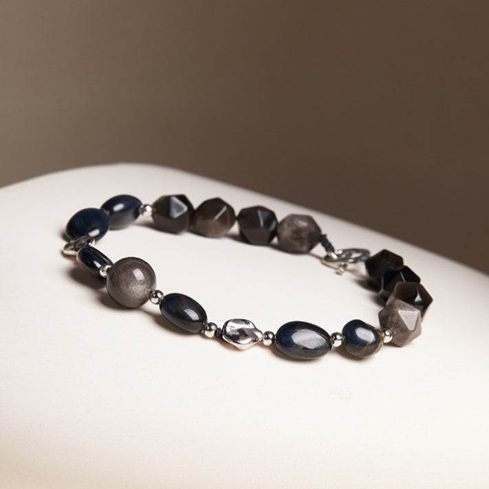 Quiet Wisdom-Rhombus Silver Sheen Obsidian Blue Tiger's Eye Bracelet
