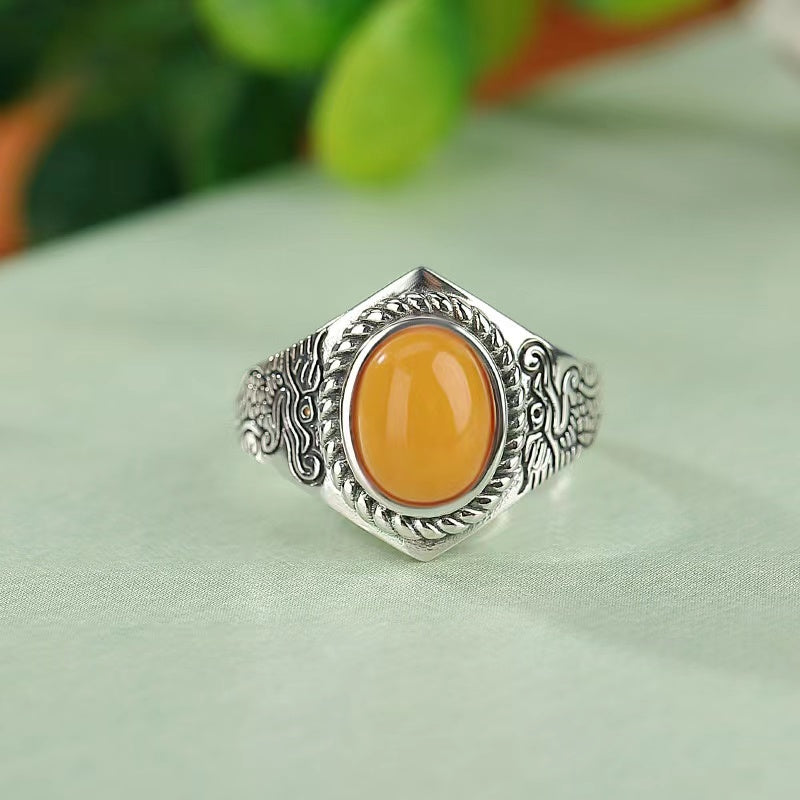 Zodiac Dragon Yellow Amber Silver Women Ring-Luck Prosperity