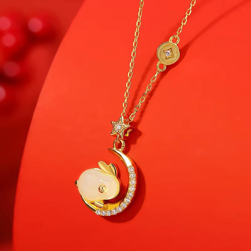 Green Jade Rabbit Pendant Necklace-The Jade Rabbit Chasing the Moon