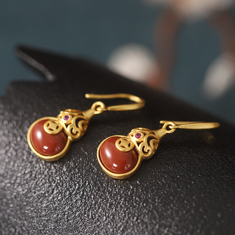 Gourd Nephrite Jade & Red Agate Drop Earrings-A Wish for Plenty