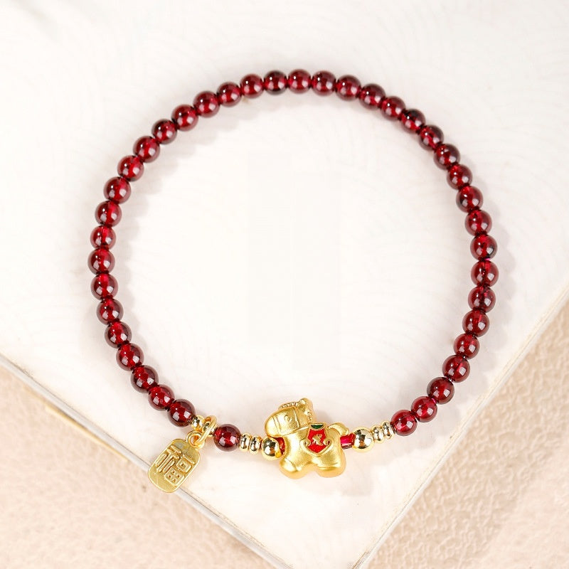 Gold-Plated Silver Lucky Horse Garnet Bracelet-Steady Beyond Obstacles
