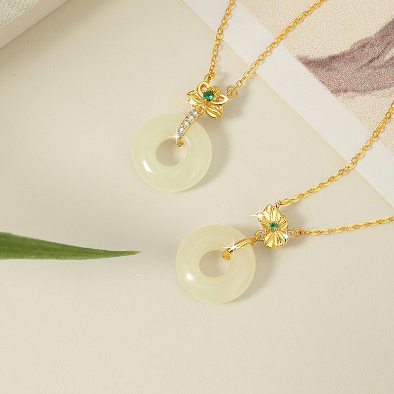 Lotus Nephrite Jade Peace Disc Necklace-Purity and Grace