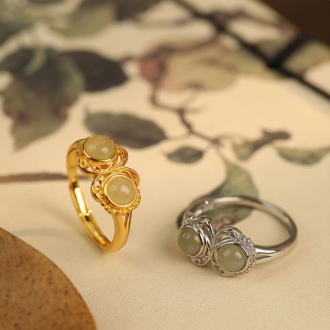 Twin Bud Nephrite Jade S925 Silver Adjustable Ring-Gentle Grace