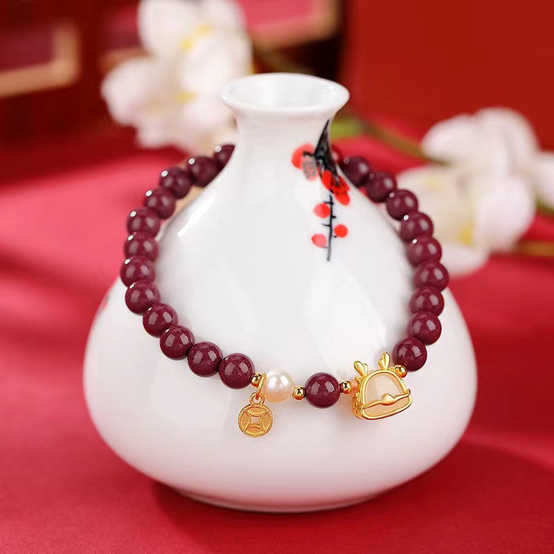 Wealth Dragon Jade Bracelet-Cinnabar Beads