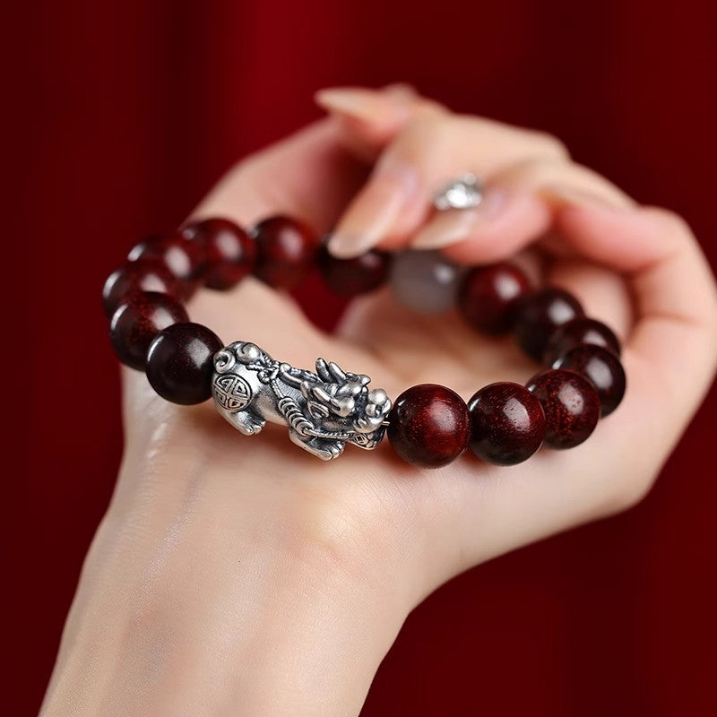 Silver Pixiu Bracelet with Rosewood & Hetian Jade-Prosperity Guardian