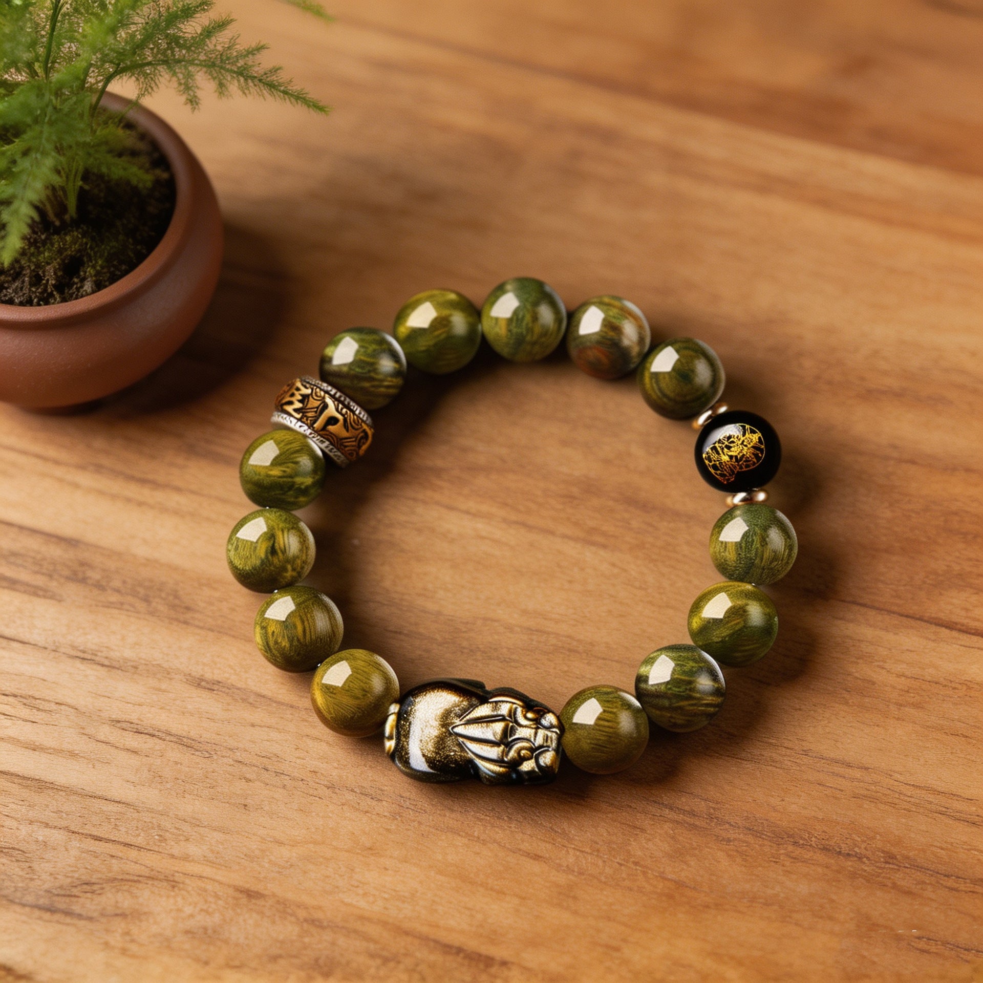 Gold Sheen Obsidian Pixiu Green Sandalwood Bracelet-Grounded Prosperity