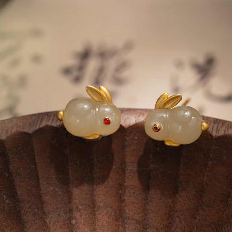 Moon Rabbit Nephrite Jade Stud Earrings-Dewlit Wishes