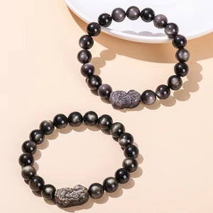 Silver Obsidian Pixiu Men Bracelet-Attract Luck