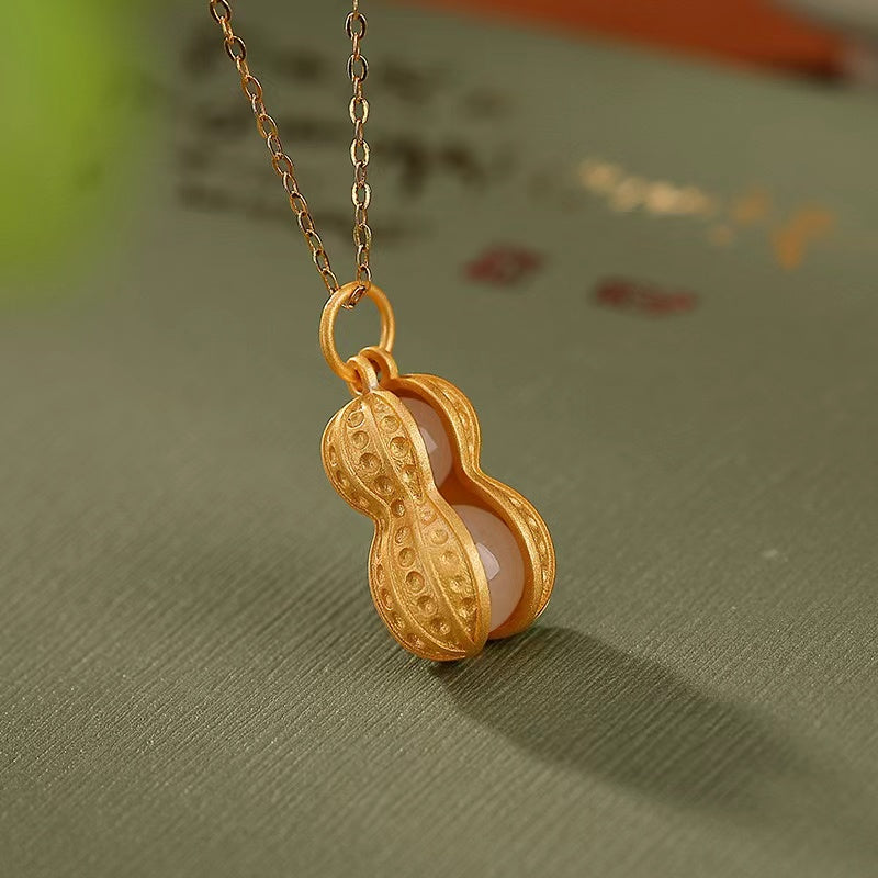 Gold Peanut White Jade Necklace-Good Fortune and Prosperity