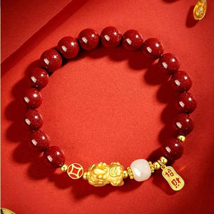 Gold Pixiu Red Cinnbar Beads Bracelet-Attract Luck