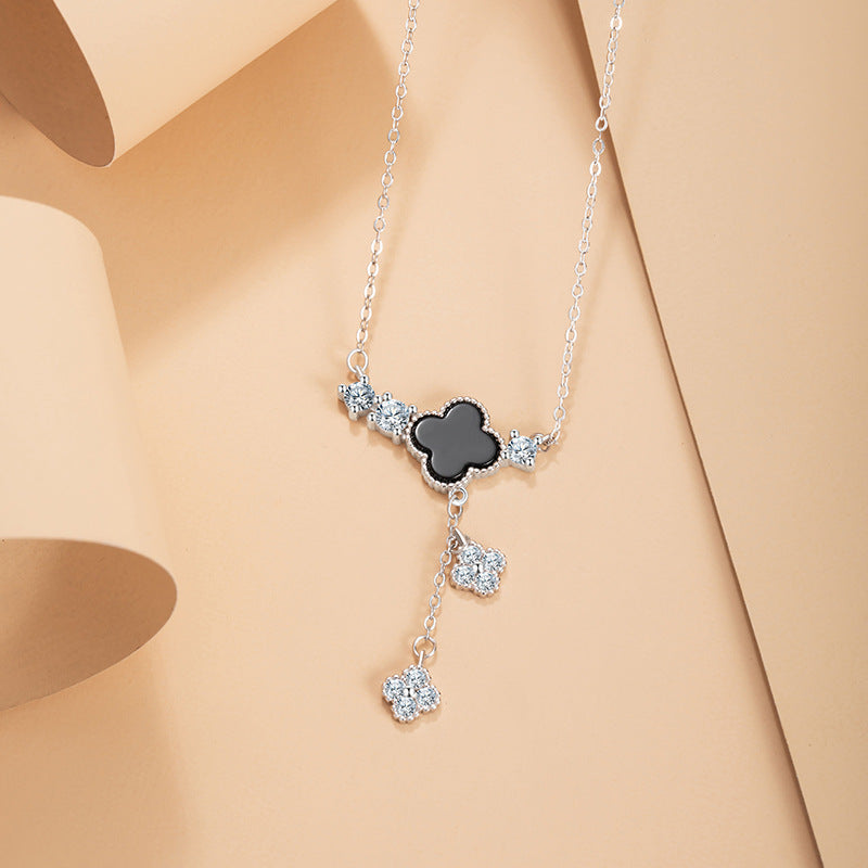 Clover Black Agate Tassel Necklace-A Sincere Heart