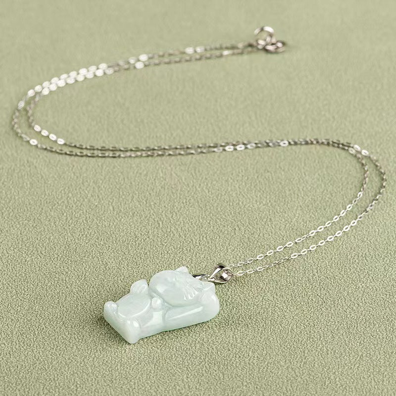 Maneki-neko White Jade Necklace-Lucky Fortune Waving Arm Cat