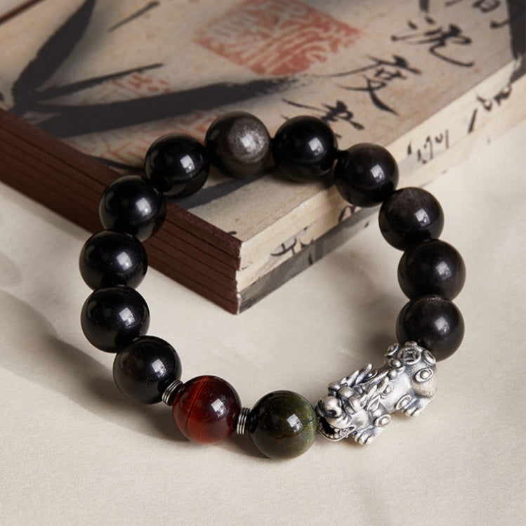 Pixiu Fine Silver and Silver Sheen Obsidian Beaded Bracelet-Grounding Strength