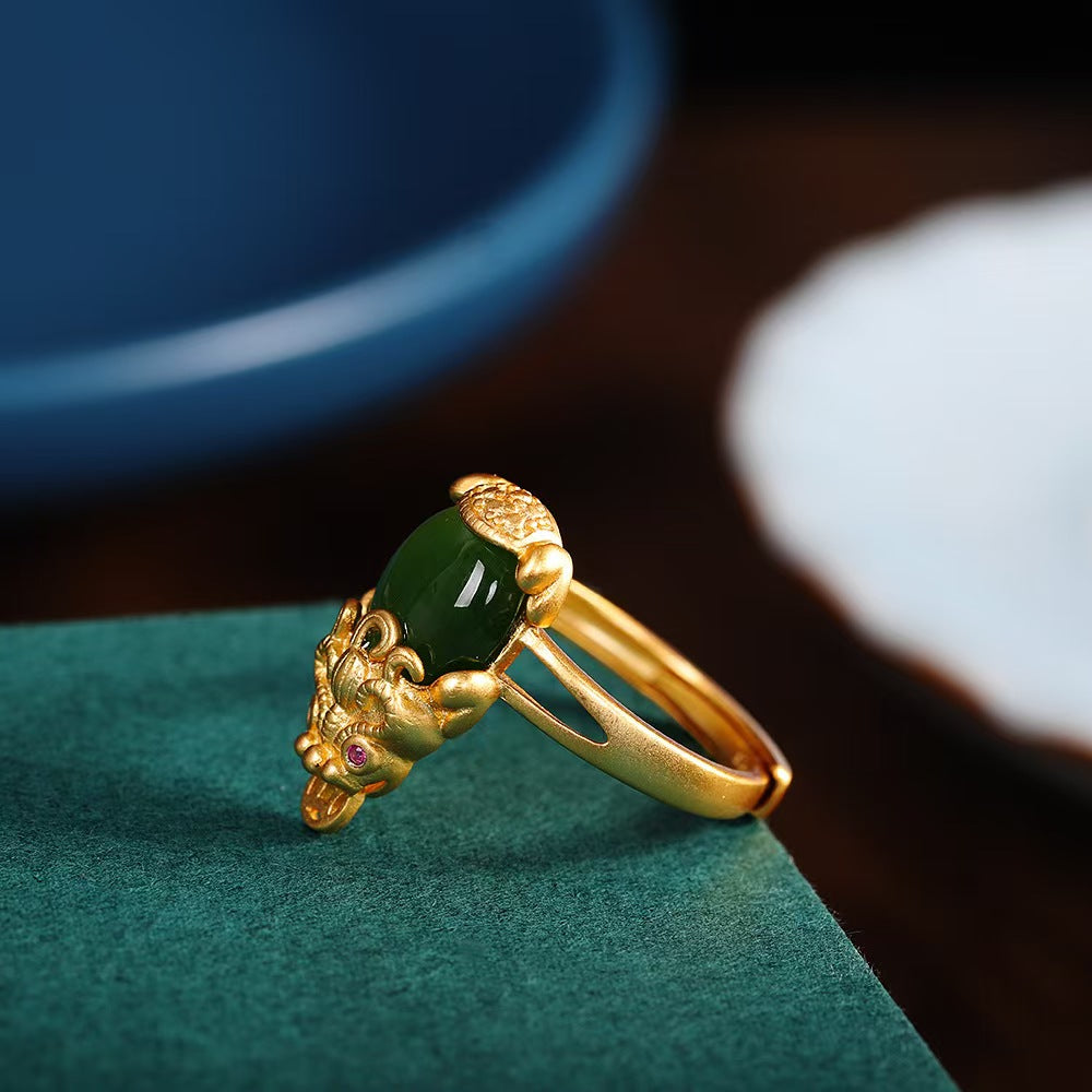 Guardian Prosperity Pixiu Green Jade Gold-Plated Silver Ring