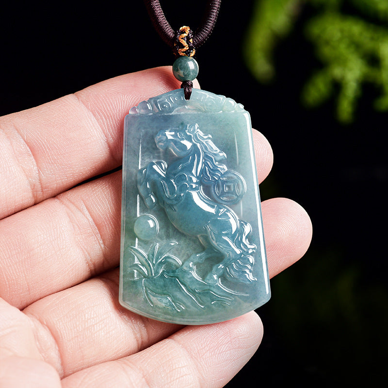 The Galloping Spirit of Success Horse Jade Pendant-Natural Blue Water Jadeite