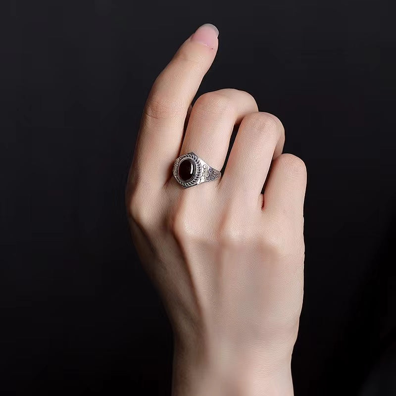 Zodiac Dragon Red Amber Silver Ring-Luck Prosperity