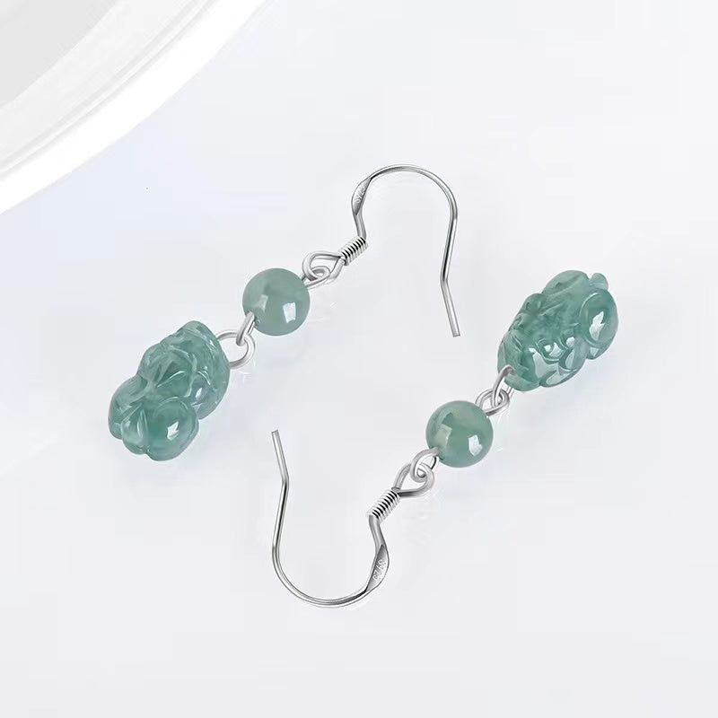 Pixiu Lucky Earrings-Natural Ice Jade/Pi Yao