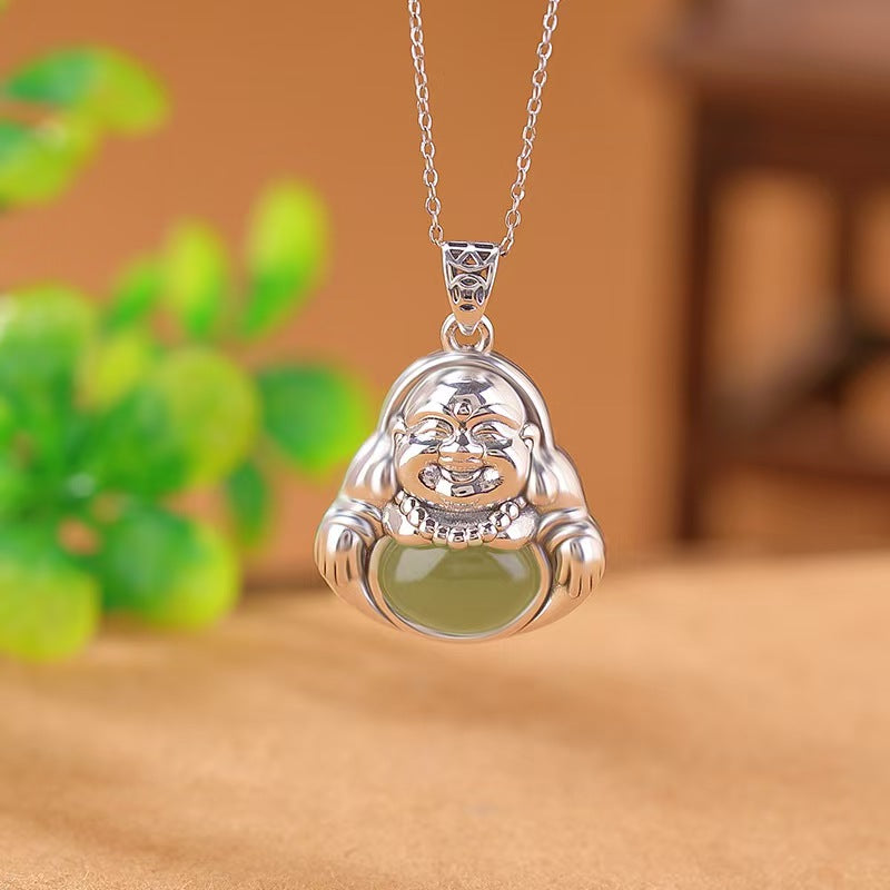 Laughing Buddha Green Jade Pendant-Positivity and Wealth