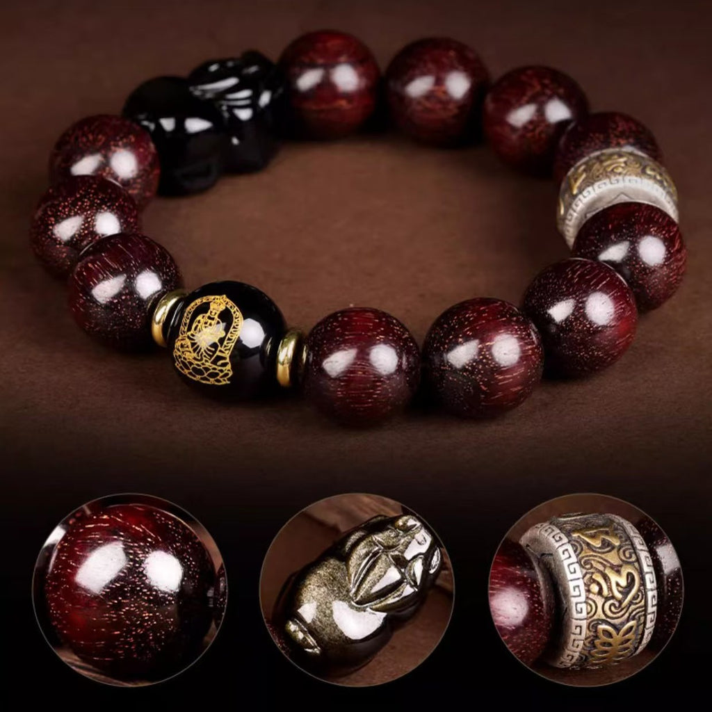 Red Sandalwood Bead Gold Obsidian Pixiu Bracelet -Attract Wealth