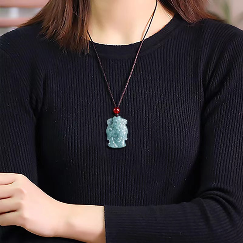 Cai Shen Jade Charm Pendant Necklace for Lucky Wealth Good Fortune Career Success