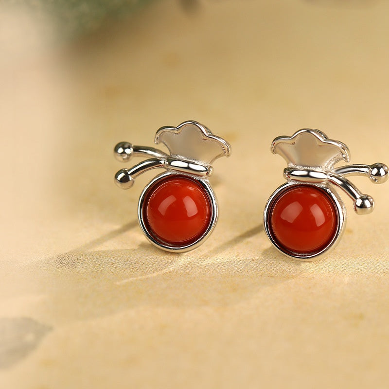 Fortune Bag Red Agate Stud Earrings-Little Wishes to Keep