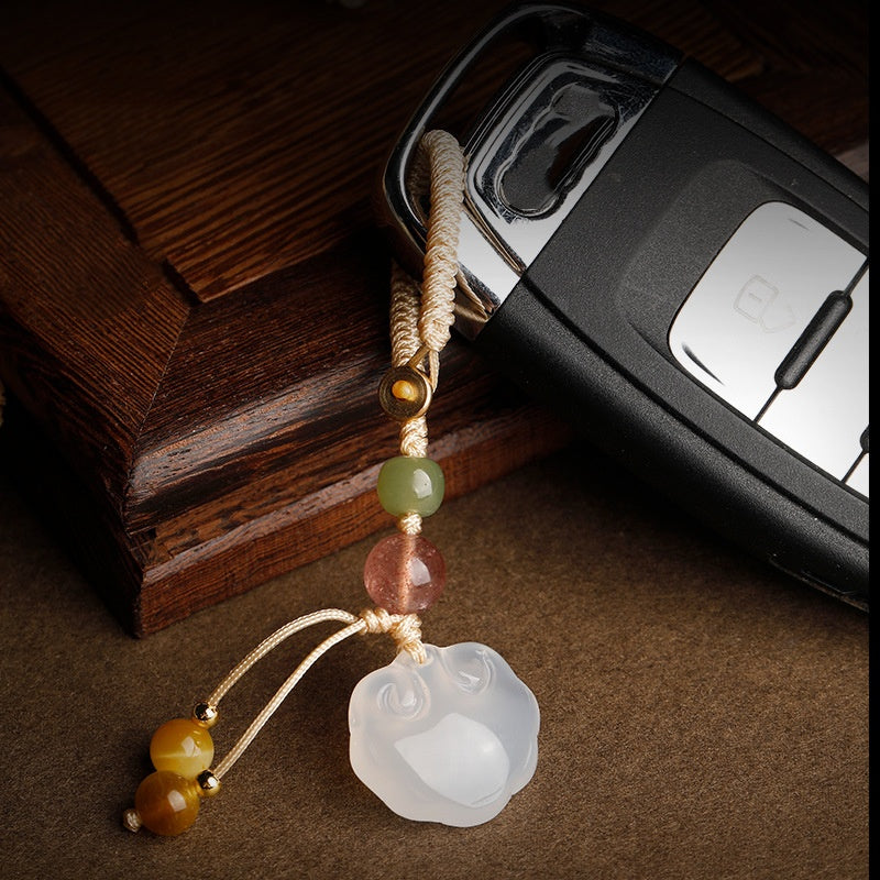 Peaceful Passage-White Jade Peace Lock Car Keychain