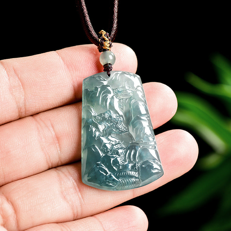Blue Jadeite Landscape Pendant – Natural A-Grade Glutinous Variety Jade Carving
