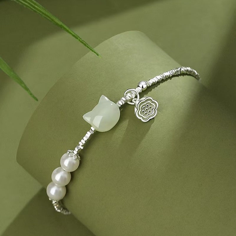 Lucky Cat White Jade Silver Nugget Bracelet-Fortune&Prosperity