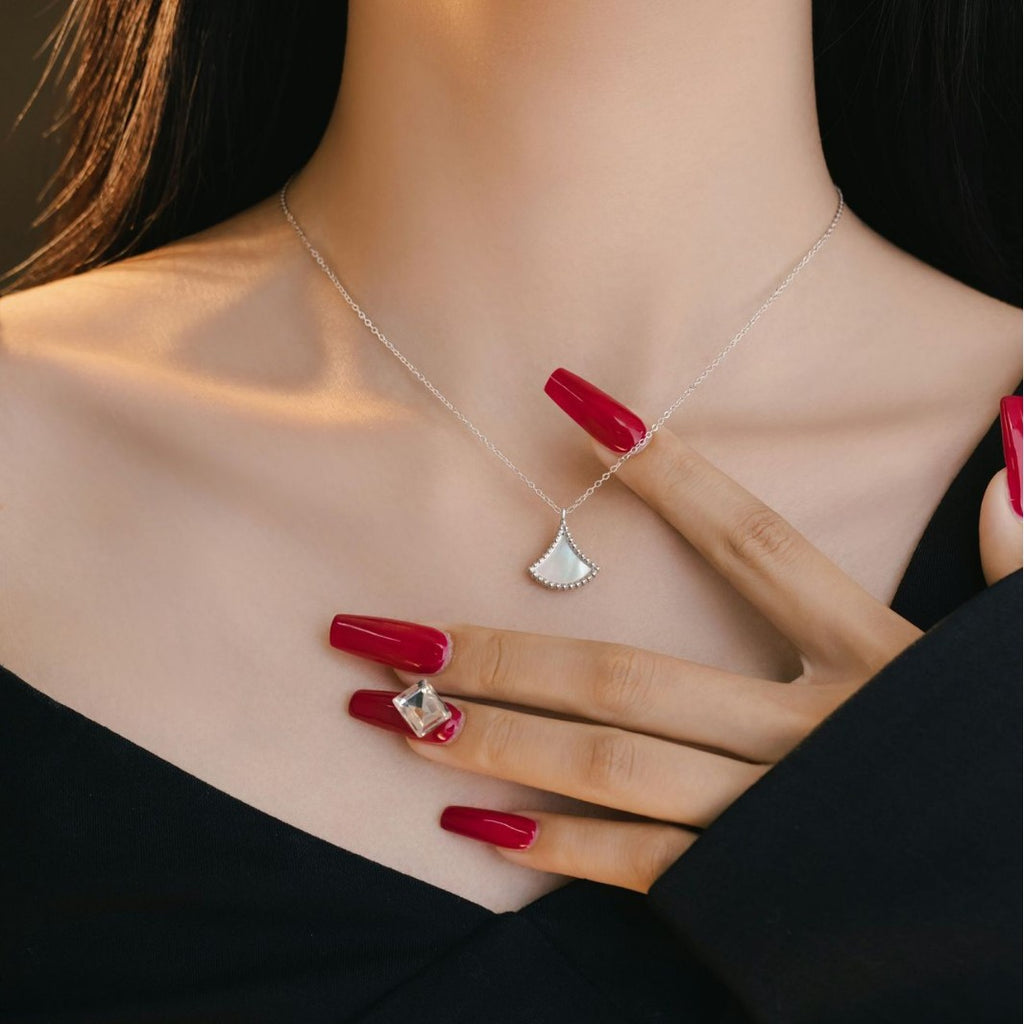 Mother-of-Pearl Fan Pendant Necklace-Quiet Grac